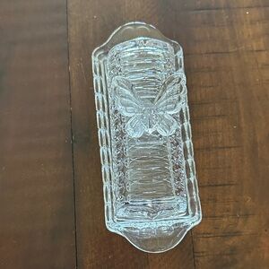 Elegant Clear Glass Lidded Butter Dish with Butterfly Design